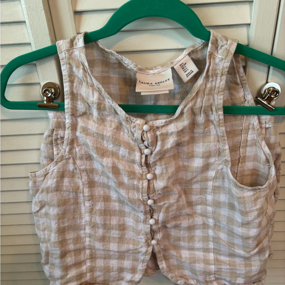 Laura Ashley Beige & White Gingham Linen Tank